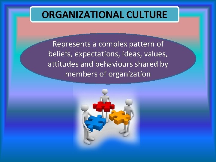 ORGANIZATIONAL CULTURE Represents a complex pattern of beliefs, expectations, ideas, values, attitudes and behaviours