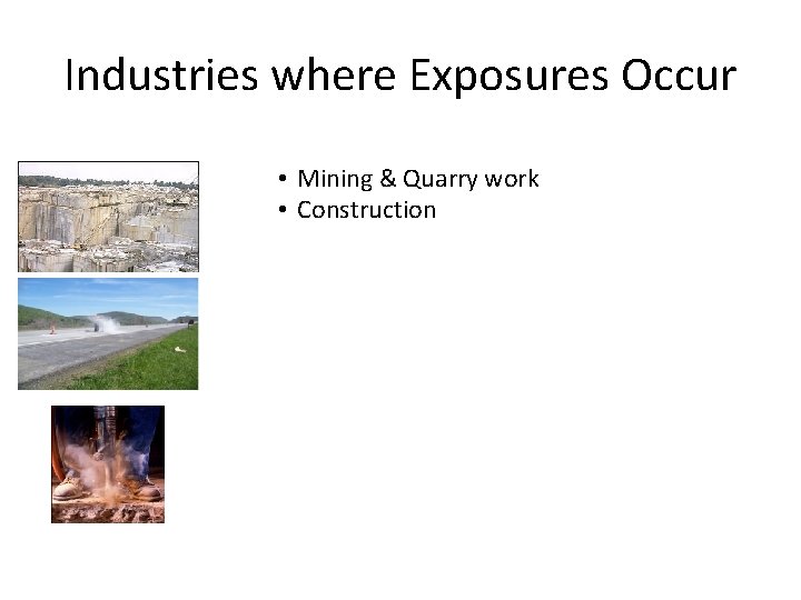 Industries where Exposures Occur • Mining & Quarry work • Construction Industries where Exposures Occur • Mining & Quarry work • Construction