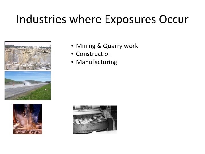 Industries where Exposures Occur • Mining & Quarry work • Construction • Manufacturing Industries where Exposures Occur • Mining & Quarry work • Construction • Manufacturing
