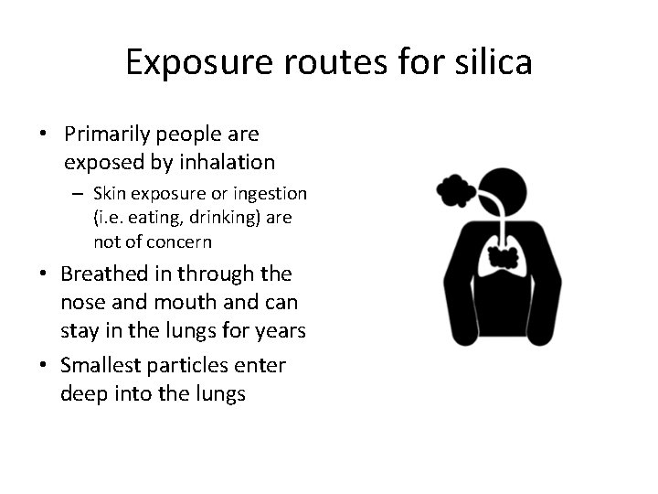 Exposure routes for silica • Primarily people are exposed by inhalation – Skin exposure Exposure routes for silica • Primarily people are exposed by inhalation – Skin exposure