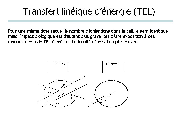 Transfert linéique d’énergie (TEL) Pour une même dose reçue, le nombre d’ionisations dans la