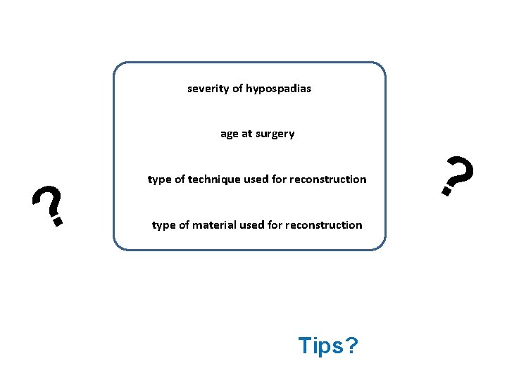 severity of hypospadias age at surgery ? type of technique used for reconstruction type