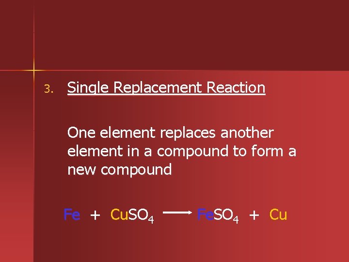 3. Single Replacement Reaction One element replaces another element in a compound to form