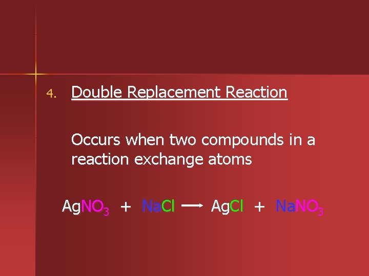 4. Double Replacement Reaction Occurs when two compounds in a reaction exchange atoms Ag.