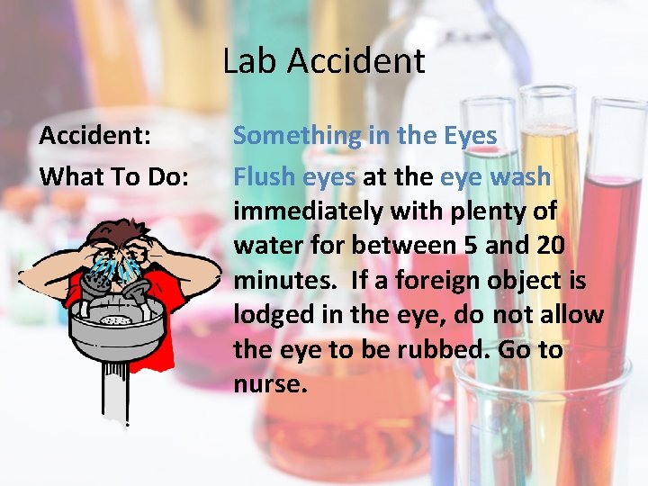 Lab Accident: What To Do: Something in the Eyes Flush eyes at the eye