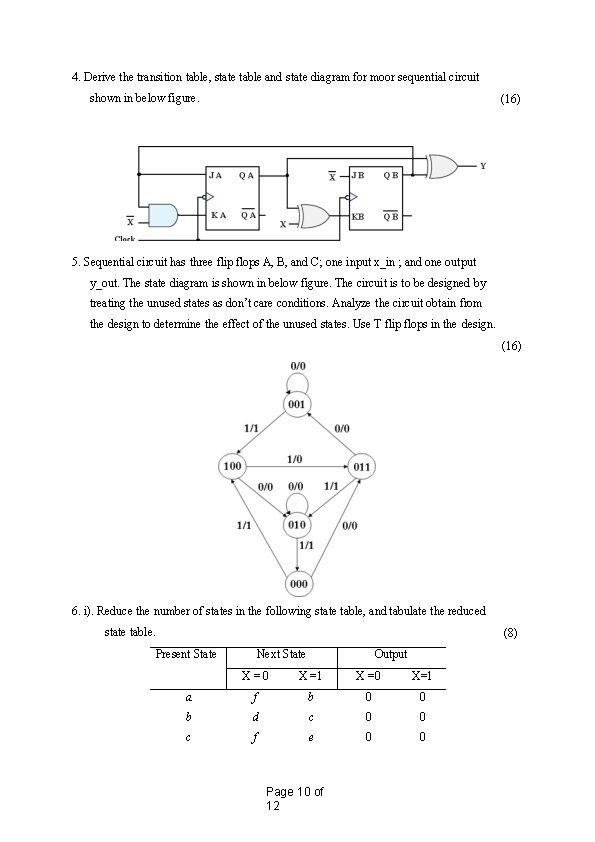 4. Derive the transition table, state table and state diagram for moor sequential circuit