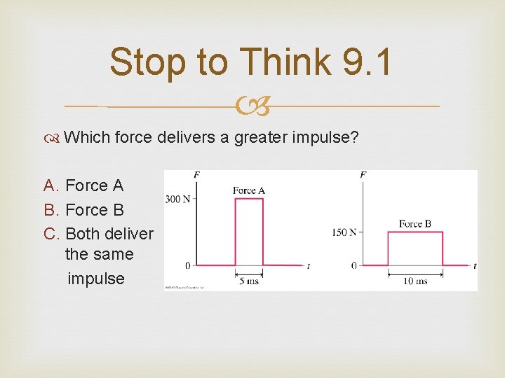 Stop to Think 9. 1 Which force delivers a greater impulse? A. Force A