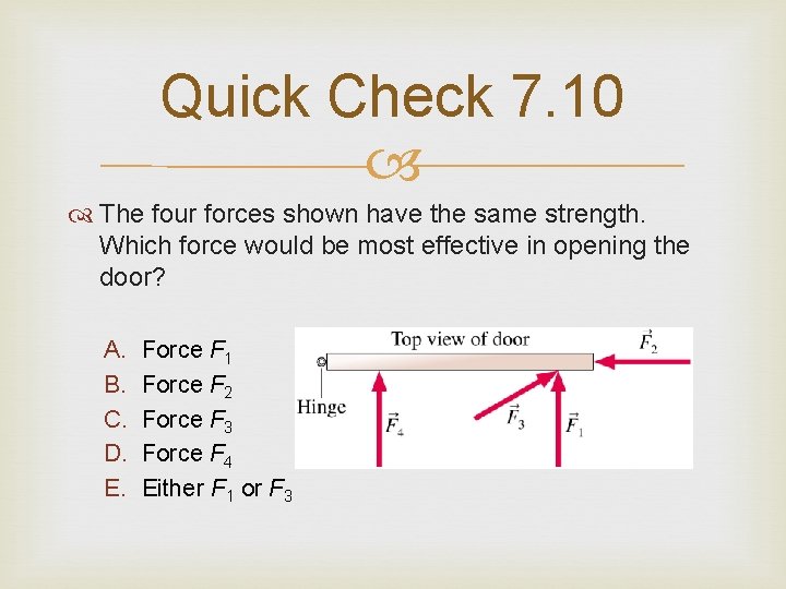 Quick Check 7. 10 The four forces shown have the same strength. Which force