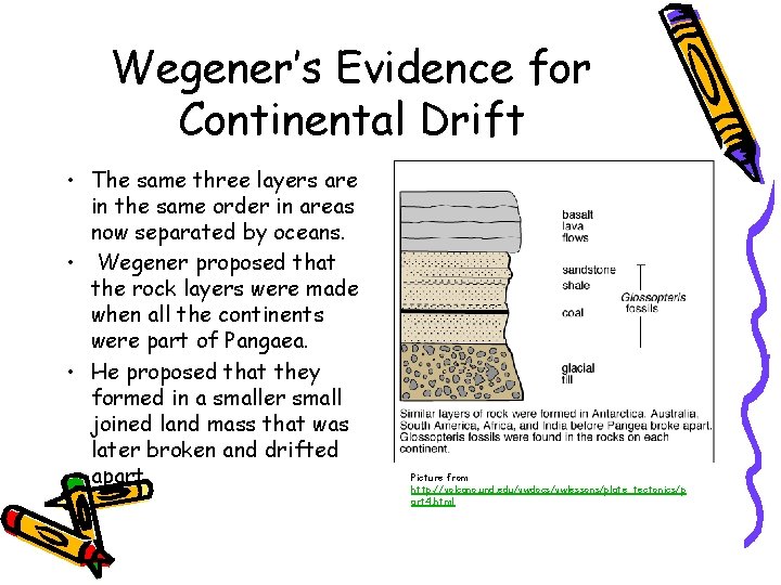 Wegener’s Evidence for Continental Drift • The same three layers are in the same