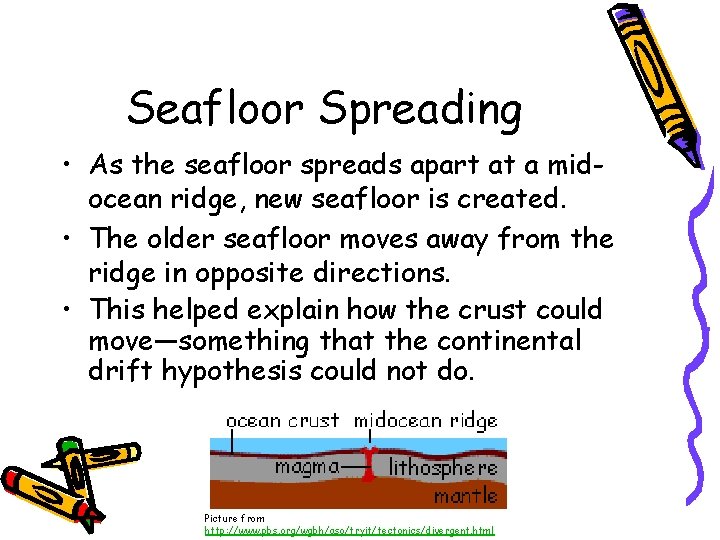 Seafloor Spreading • As the seafloor spreads apart at a midocean ridge, new seafloor