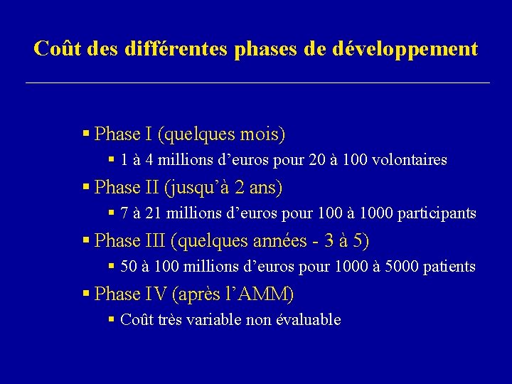 Coût des différentes phases de développement § Phase I (quelques mois) § 1 à