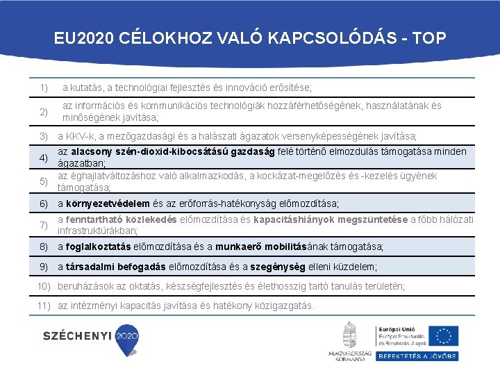 EU 2020 CÉLOKHOZ VALÓ KAPCSOLÓDÁS - TOP 1) a kutatás, a technológiai fejlesztés és