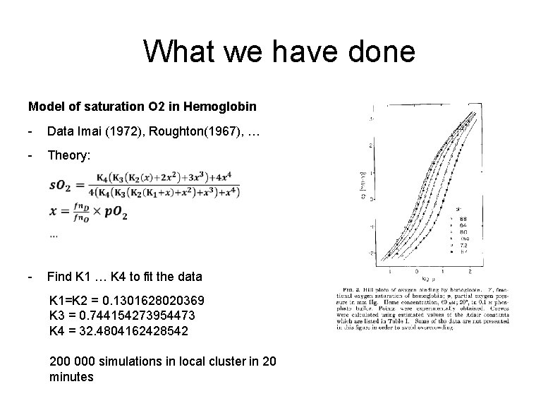 What we have done Model of saturation O 2 in Hemoglobin - Data Imai