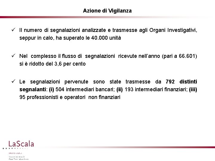 Azione di Vigilanza ü Il numero di segnalazioni analizzate e trasmesse agli Organi Investigativi,