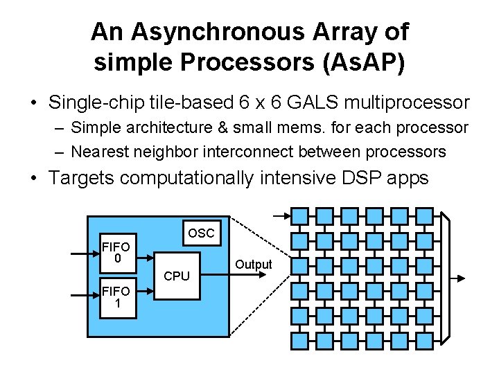 An Asynchronous Array of simple Processors (As. AP) • Single-chip tile-based 6 x 6