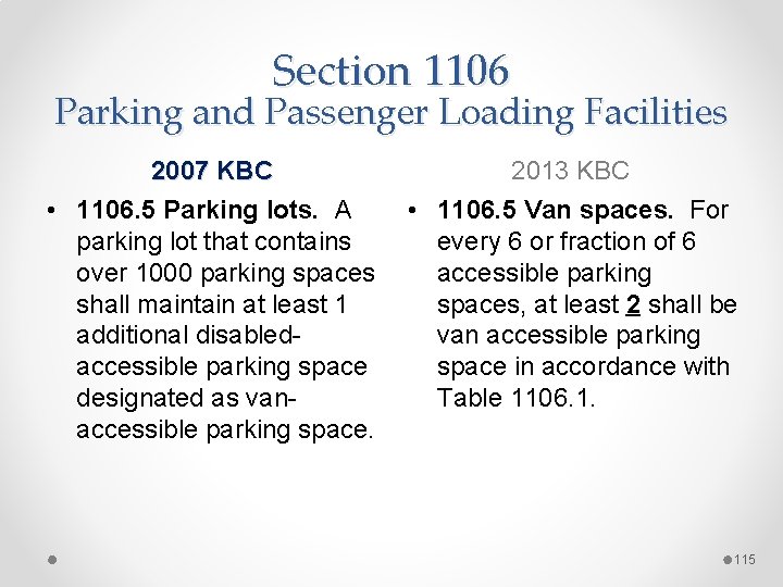 Section 1106 Parking and Passenger Loading Facilities 2007 KBC • 1106. 5 Parking lots.