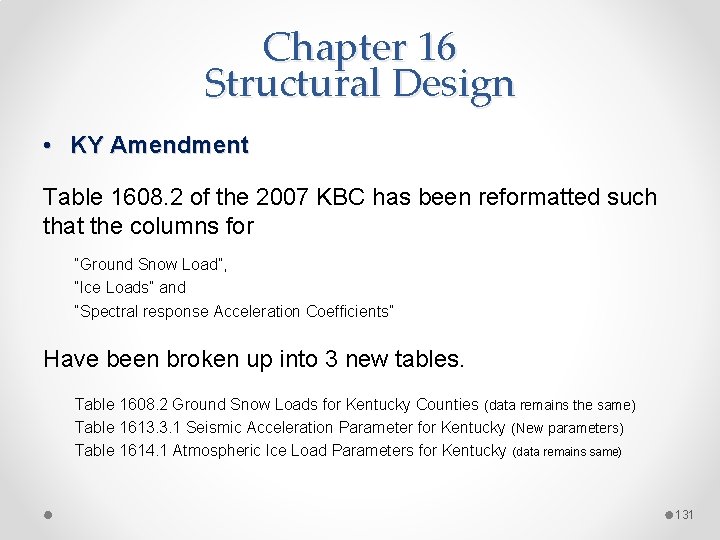 Chapter 16 Structural Design • KY Amendment Table 1608. 2 of the 2007 KBC