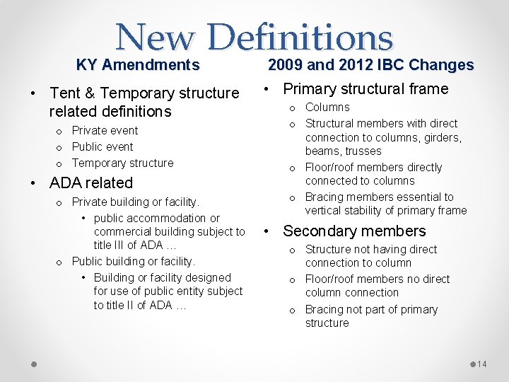 New Definitions KY Amendments 2009 and 2012 IBC Changes KY Amendments • Tent &