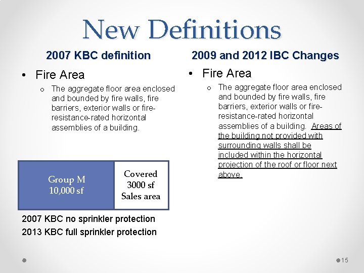 New Definitions 2007 KBC definition • Fire Area o The aggregate floor area enclosed