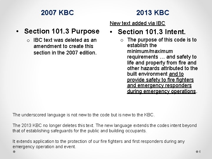 2007 KBC 2013 KBC New text added via IBC • Section 101. 3 Purpose