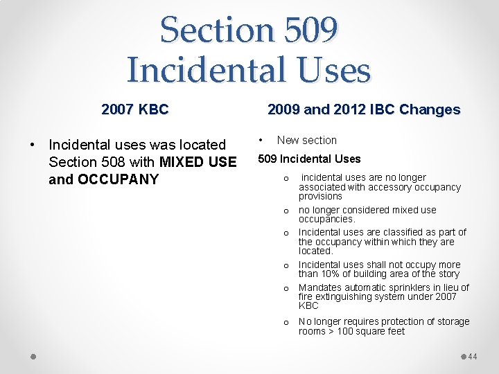 Section 509 Incidental Uses 2007 KBC • Incidental uses was located Section 508 with