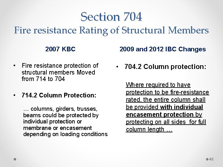 Section 704 Fire resistance Rating of Structural Members 2007 KBC • Fire resistance protection