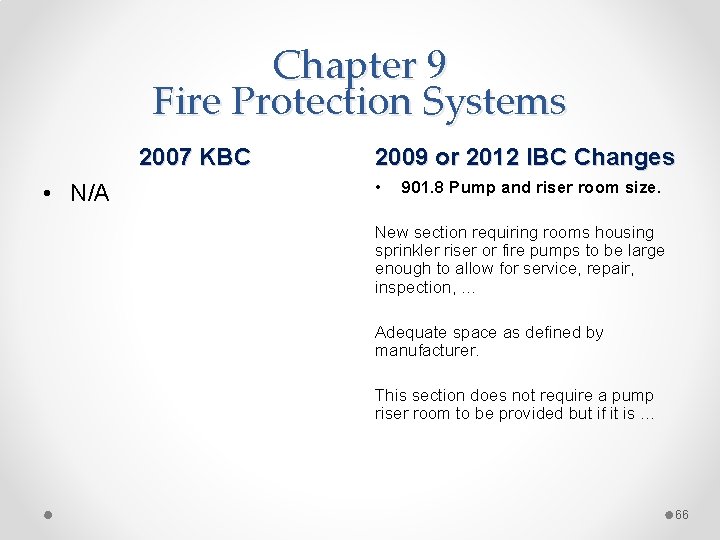 Chapter 9 Fire Protection Systems 2007 KBC • N/A 2009 or 2012 IBC Changes