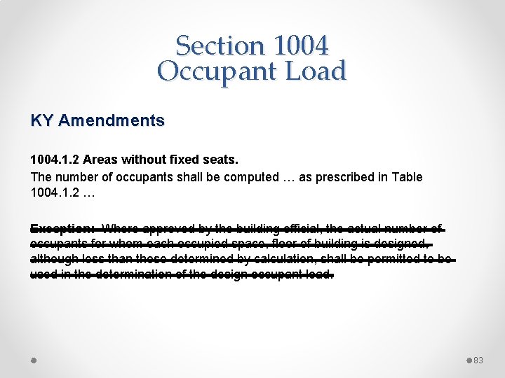 Section 1004 Occupant Load KY Amendments 1004. 1. 2 Areas without fixed seats. The