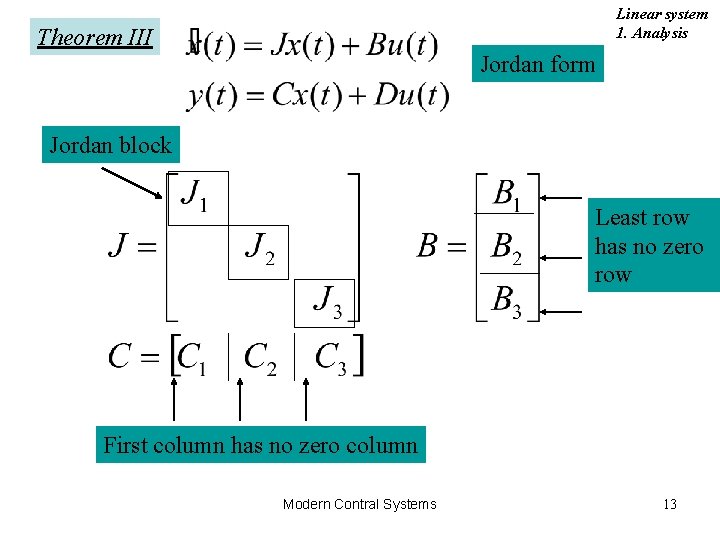 Linear system 1. Analysis Theorem III Jordan form Jordan block Least row has no