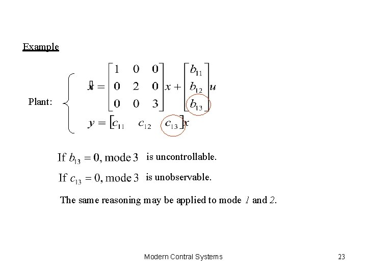 Example Plant: is uncontrollable. is unobservable. The same reasoning may be applied to mode