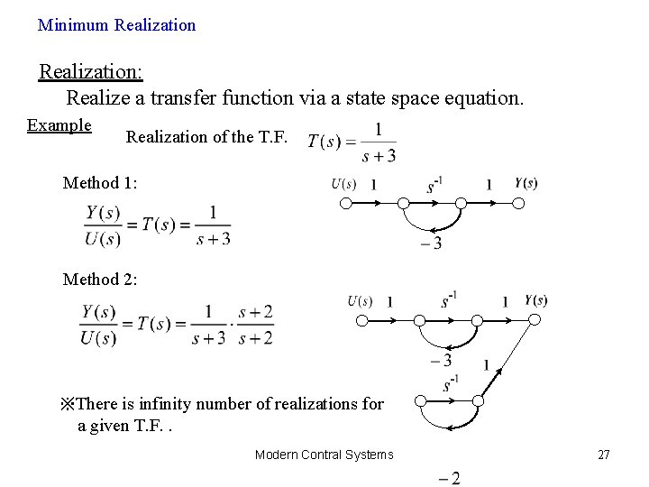 Minimum Realization: Realize a transfer function via a state space equation. Example Realization of