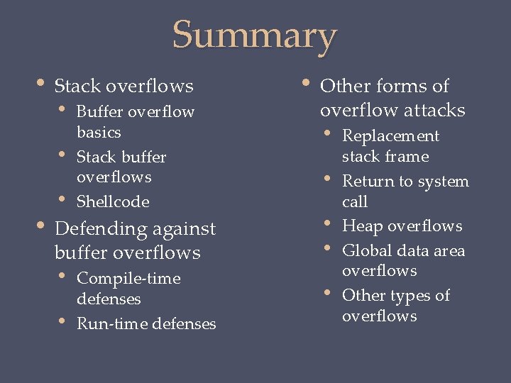 Summary • Stack overflows • • Buffer overflow basics Stack buffer overflows Shellcode •