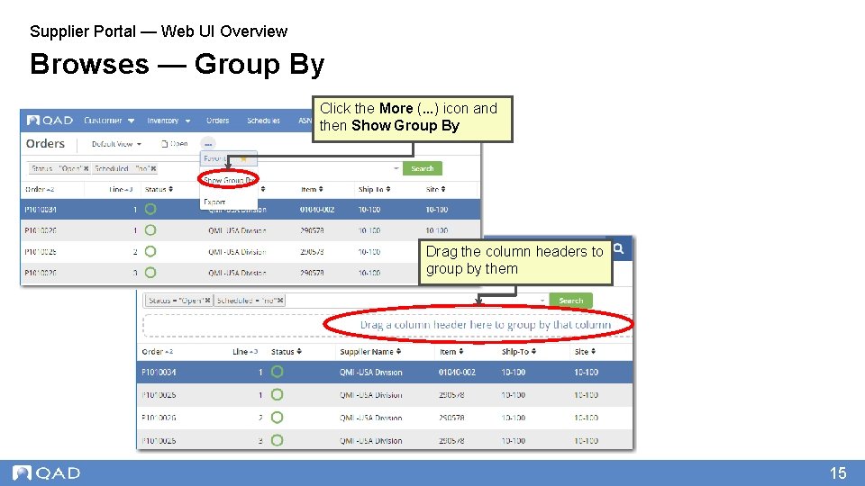 Supplier Portal — Web UI Overview Browses — Group By Click the More (.