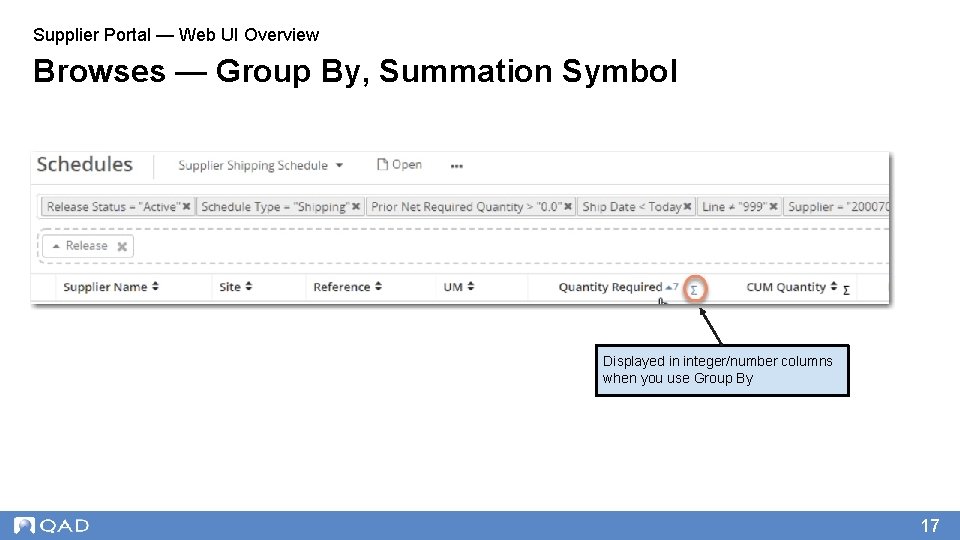 Supplier Portal — Web UI Overview Browses — Group By, Summation Symbol Displayed in