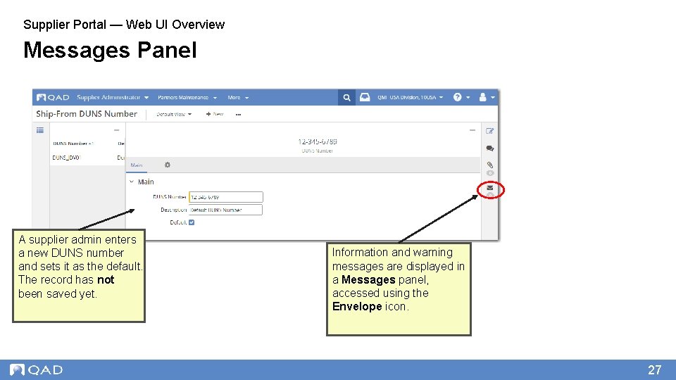 Supplier Portal — Web UI Overview Messages Panel A supplier admin enters a new