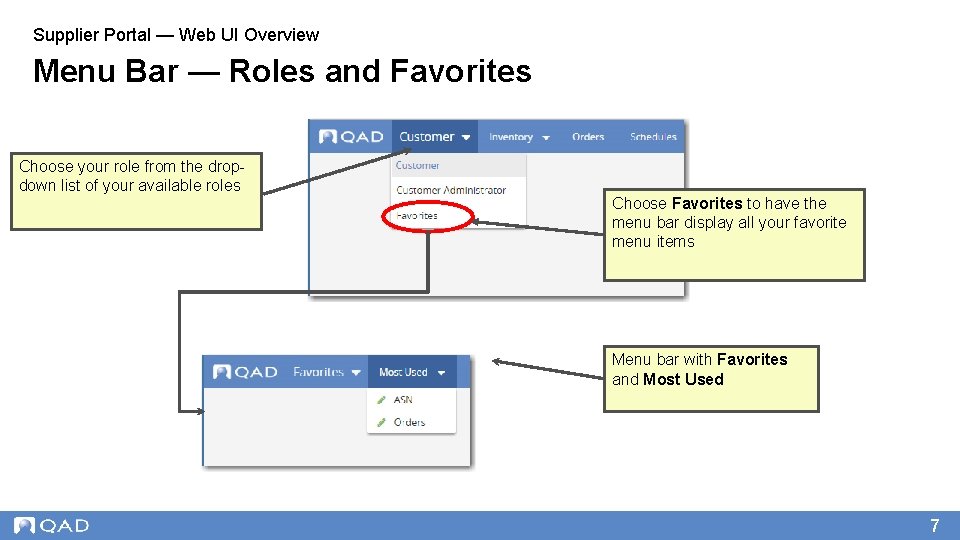 Supplier Portal — Web UI Overview Menu Bar — Roles and Favorites Choose your