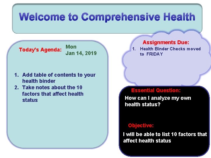 Welcome to Comprehensive Health Today’s Agenda: Mon Jan 14, 2019 1. Add table of