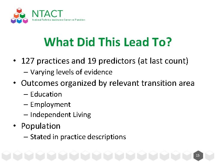 What Did This Lead To? • 127 practices and 19 predictors (at last count)