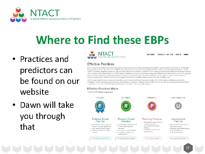 Where to Find these EBPs • Practices and predictors can be found on our