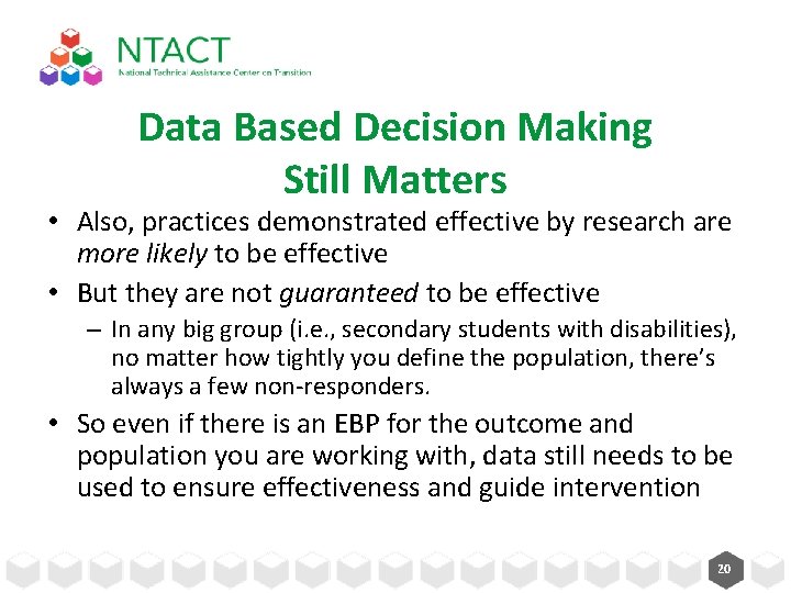 Data Based Decision Making Still Matters • Also, practices demonstrated effective by research are