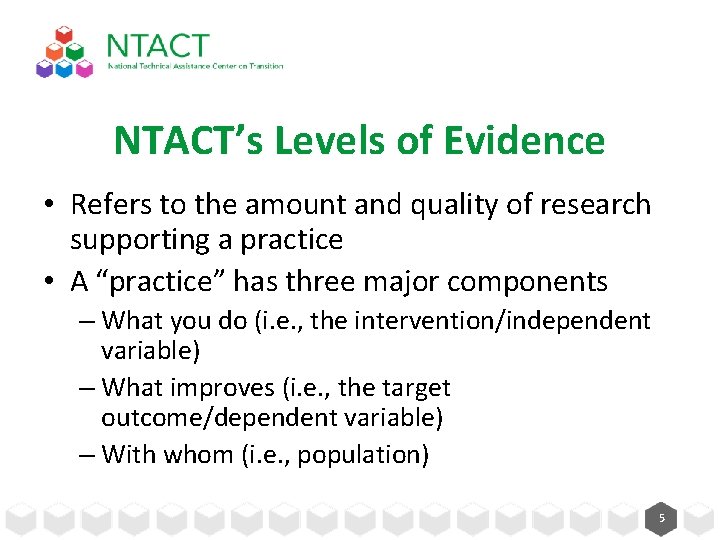 NTACT’s Levels of Evidence • Refers to the amount and quality of research supporting