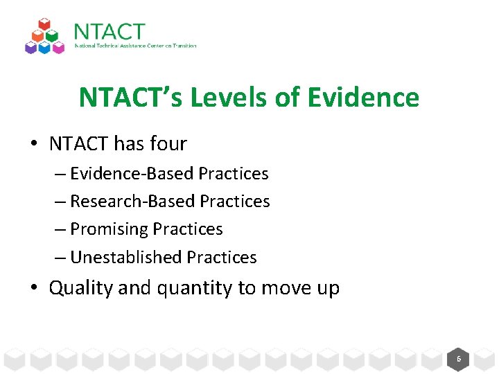NTACT’s Levels of Evidence • NTACT has four – Evidence-Based Practices – Research-Based Practices