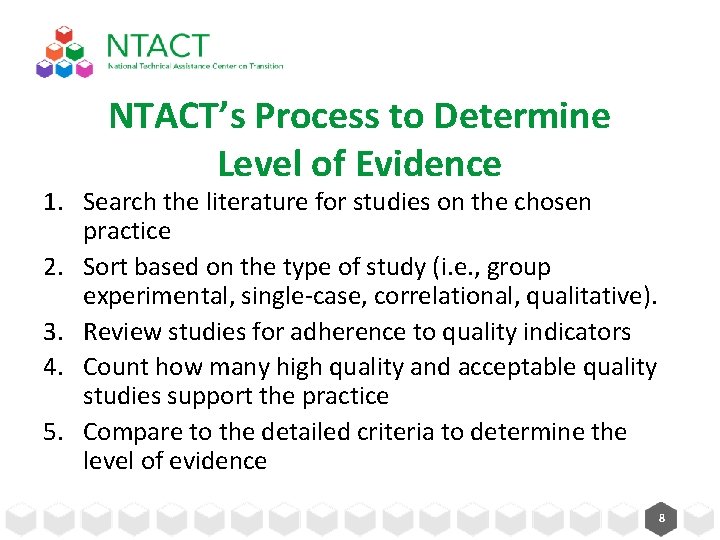 NTACT’s Process to Determine Level of Evidence 1. Search the literature for studies on