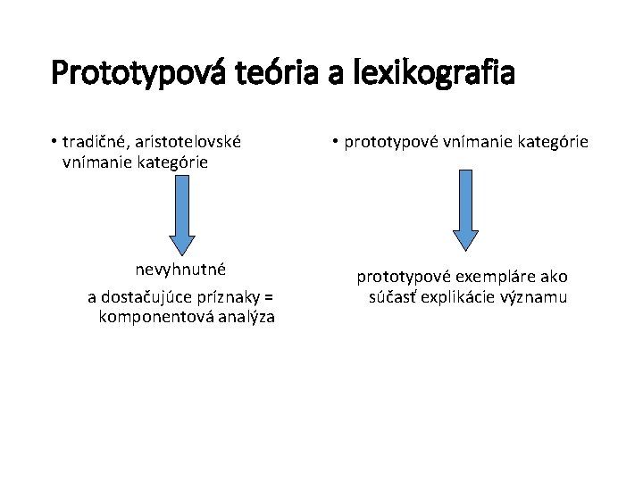 Prototypová teória a lexikografia • tradičné, aristotelovské vnímanie kategórie nevyhnutné a dostačujúce príznaky =