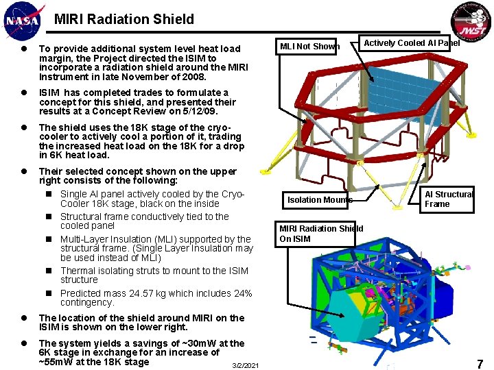 MIRI Radiation Shield l To provide additional system level heat load margin, the Project