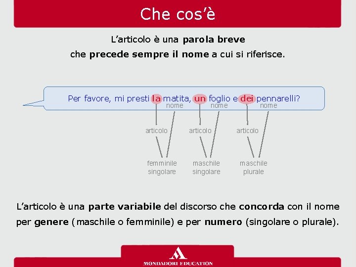 Che cos’è L’articolo è una parola breve che precede sempre il nome a cui