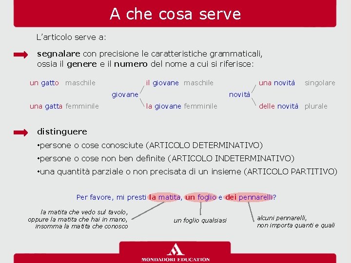 A che cosa serve L’articolo serve a: segnalare con precisione le caratteristiche grammaticali, ossia