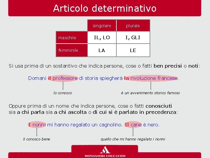 Articolo determinativo singolare plurale maschile IL, LO I, GLI femminile LA LE Si usa