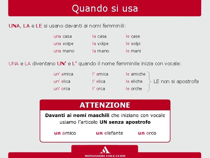 Quando si usa UNA, LA e LE si usano davanti ai nomi femminili: una