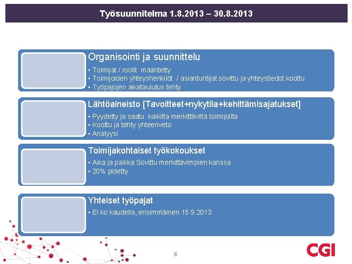 Työsuunnitelma 1. 8. 2013 – 30. 8. 2013 Organisointi ja suunnittelu • Toimijat /